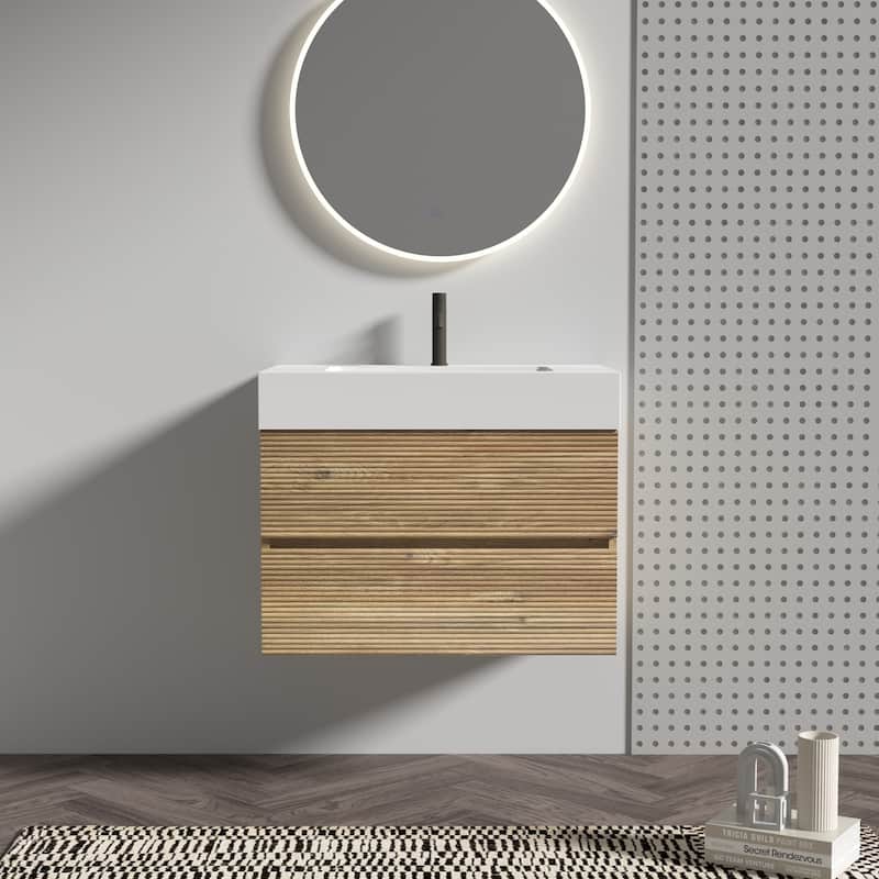 GDFStudio - Grace Wall-Mounted Bathroom Vanity with Engineered Quartz Sink & Soft Close Drawers, without Drainage and Faucet - 30" - Oak+White