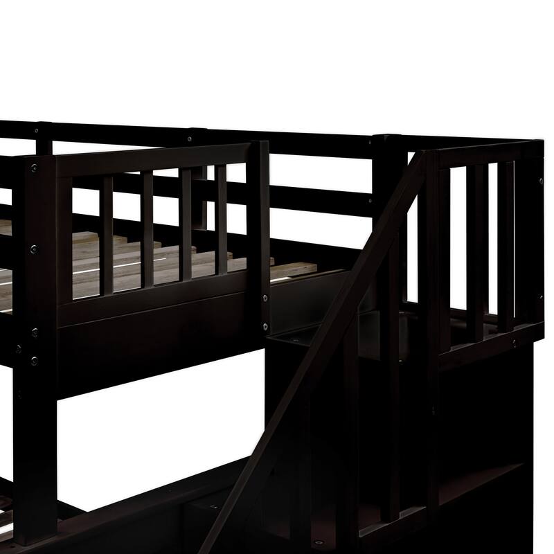 Twin-Over-Full Bunk Bed with Twin size Trundle, Storage and Guard Rail for Bedroom, Dorm, for Adults, Espresso