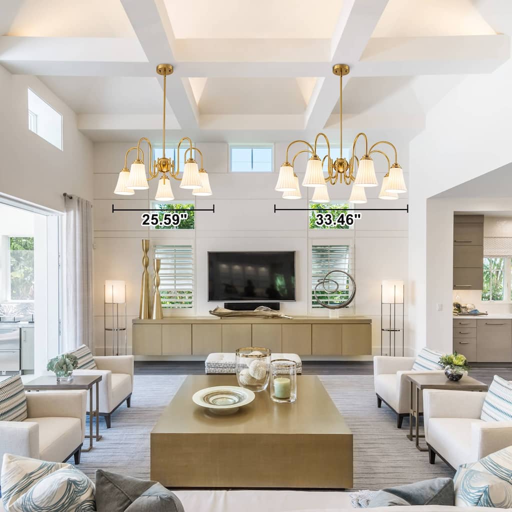 Modern Gold Chandelier Pleated Trumpet White Ceramic Shades