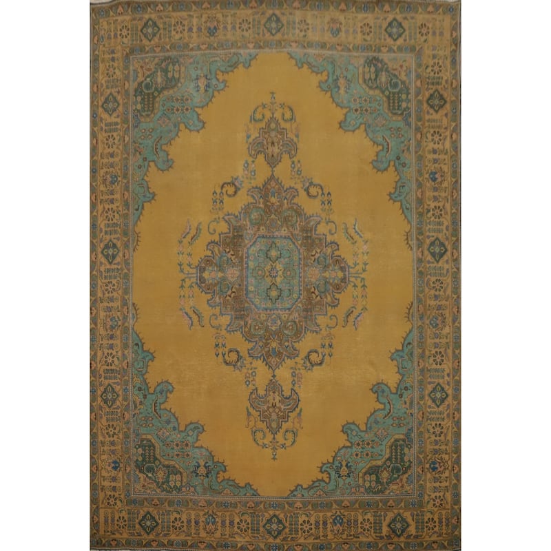 Hand Knotted Oriental 100% Wool Carpet Traditional Floral Yellow & Gold Tabriz Area Rug - 12' 5'' X 9' 8''