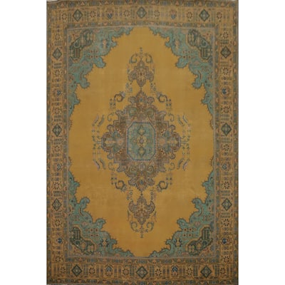 Hand Knotted Oriental 100% Wool Carpet Traditional Floral Yellow & Gold Tabriz Area Rug - 12' 5'' X 9' 8''