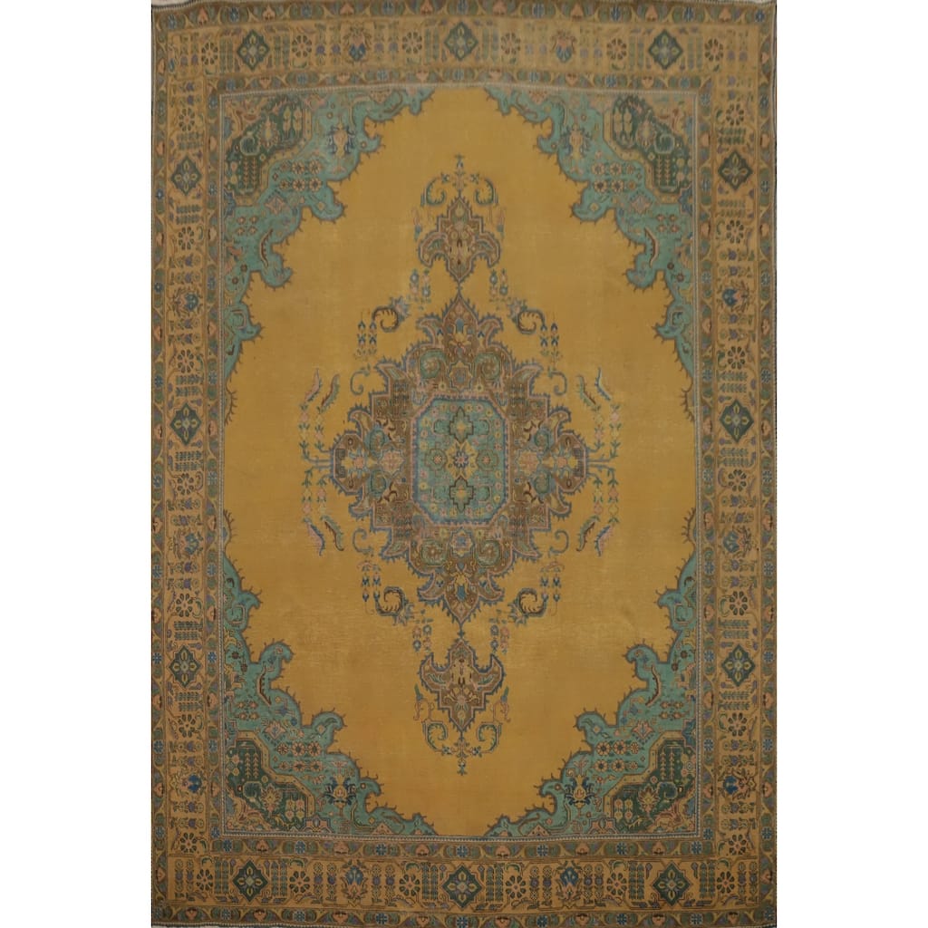 Hand Knotted Oriental 100% Wool Carpet Traditional Floral Yellow & Gold Tabriz Area Rug - 12' 5'' X 9' 8''