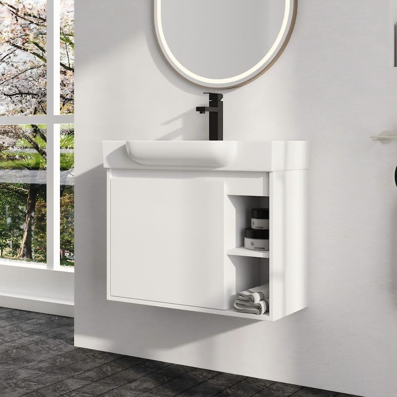 Malwee 24"/28" Floating Bathroom Vanity,Wall Mounted Bathroom Vanity with Ceramic Sink and Soft Close Door