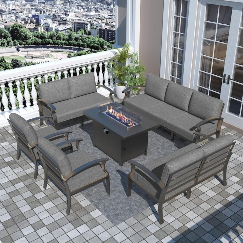 Aluminum Patio Furniture Set with FirePit Ottomans Swivel Chairs,Sectional Sofa with Thick Seat Cushions for Porch Garden - 9-Seats - Grey