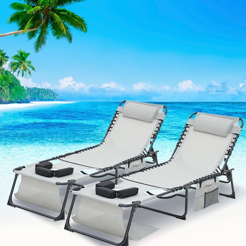 Chaise Lounge Chair Set of 2, 5-Position Adjustable Sunbathing, Foldable Tanning Chair with Face & Arm Holes - 2-Piece