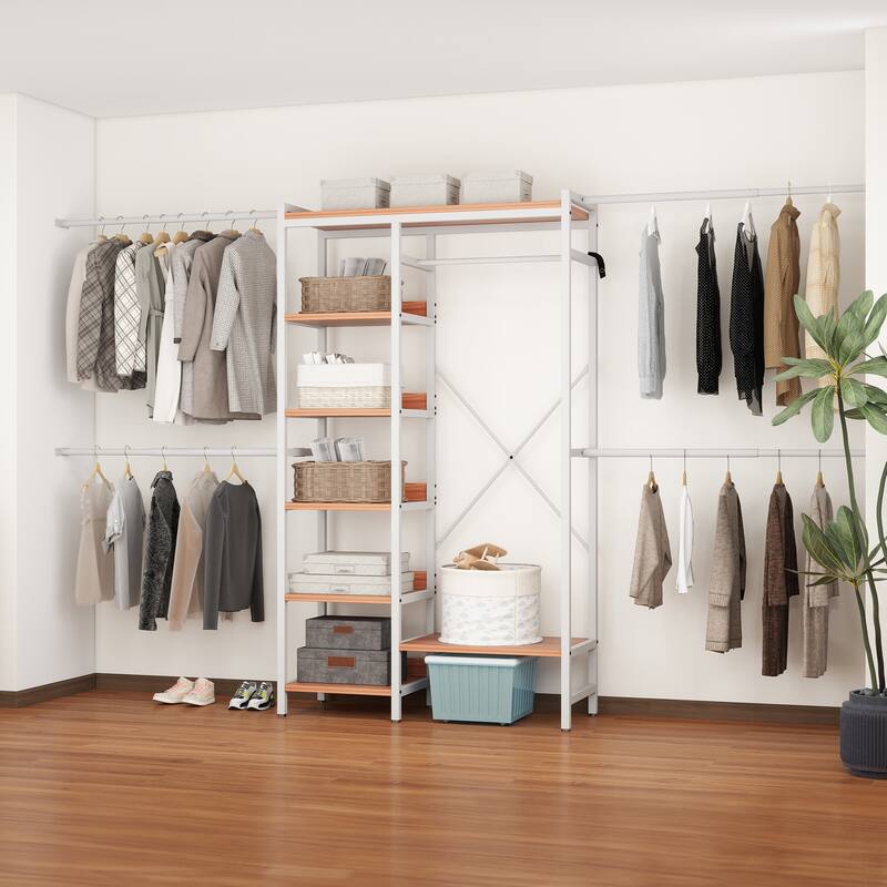 Wall-Mounted Clothing Storage Rack Multi-Functional Closet Organizer System with Adjustable Rods and Shelves - 7 Shelves-White