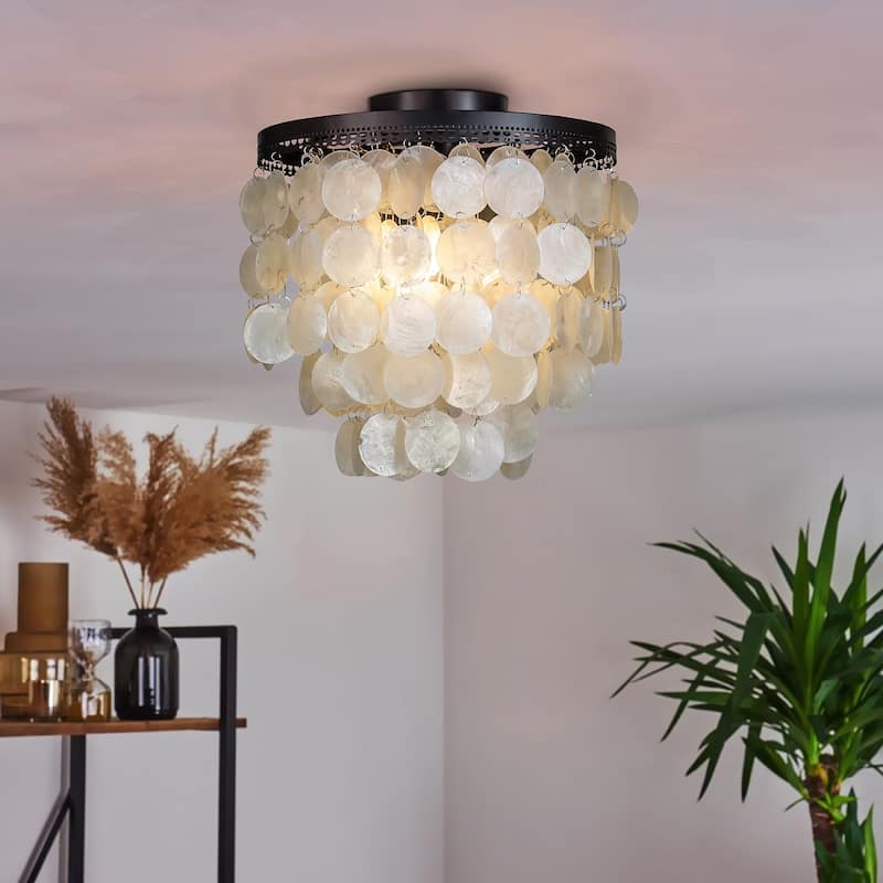 3-Light 13" Indoor Capiz Shell Flush Mount Ceiling Light Coastal Seashell Chandelier - Matte Black