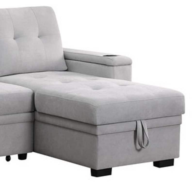 Lna 84 Inch Sectional Sofa, Pull Out Bed, Storage Chaise, USB, Light Gray