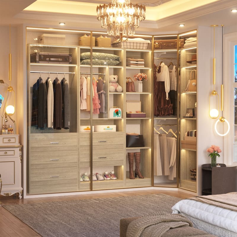 Kyrvo Corner Closet System with 5 Wooden Drawers & 12 Shelves, Freestanding Closet Organizer System for Walk-in/Reach-in Closet