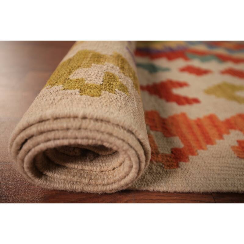 Reversible Kilim Area Rug Hand-Woven Oriental Orange Wool Carpet - 8'4" x 9'9"