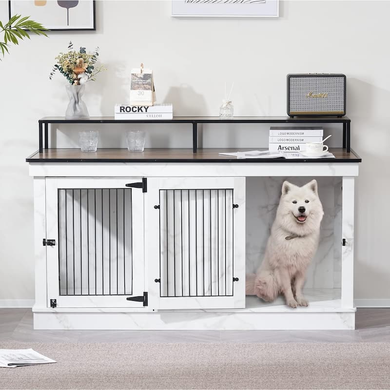 Mcombo Large Dog Crate Furniture TV Stand,Wooden Dog Kennel with Double Doors 1861