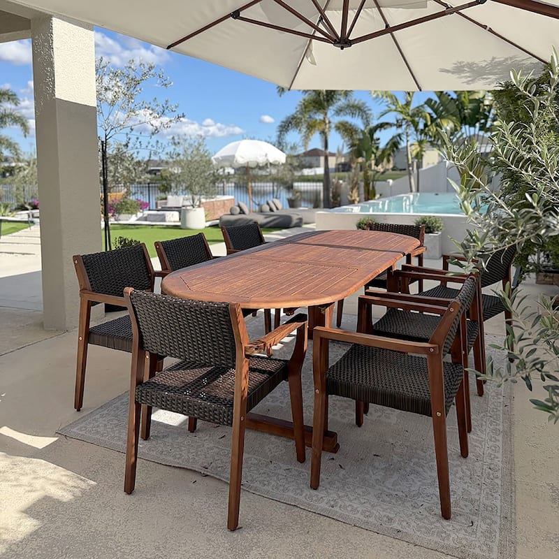 MAISON ARTS Acacia Wood Outdoor Dining Set, Expandable Table with Wicker Chairs, Farmhouse Patio Furniture