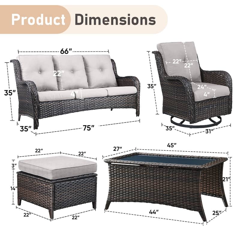 Pocassy Outdoor 4 Inch Sofa Swivel Chairs Table Ottoman