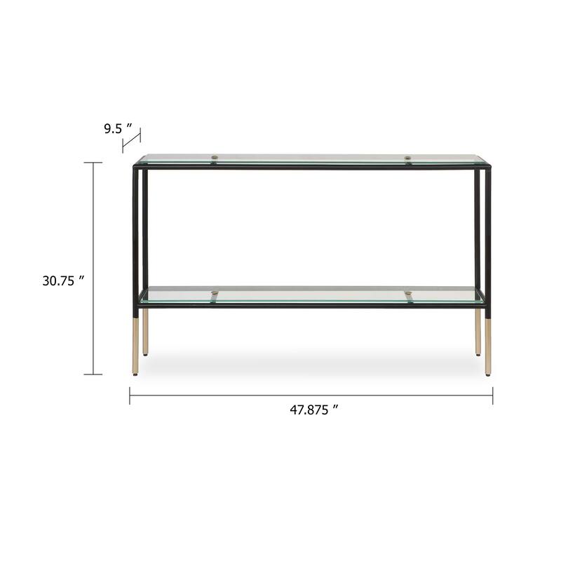 Beny Sofa Console Table, 48 Inch Glass Top, 1 Shelf, Modern Black Iron