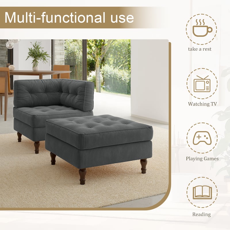 Corduroy Tufted Accent Chair Armchair and Ottoman Set