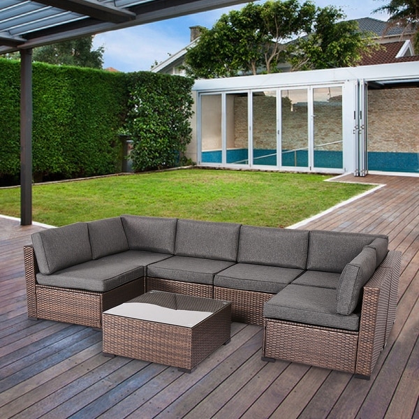 Rumber 7-piece Rattan Wicker Outdoor Sectional Sofa Conversation Set by Havenside Home. Opens flyout.