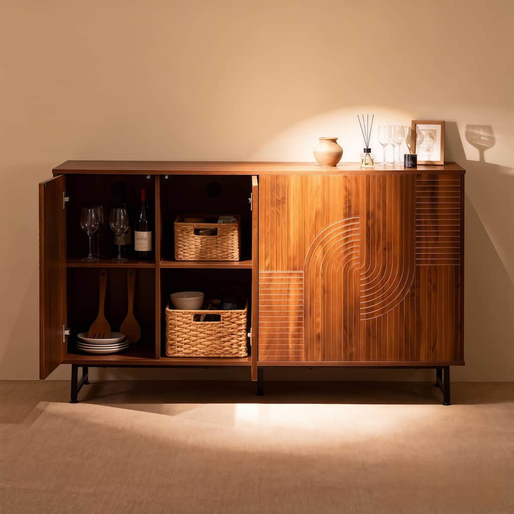Rossetta Mid-Century Modern Design Multi-Purpose Grain-Carved Buffet Cabinet with Spacious Storage Space