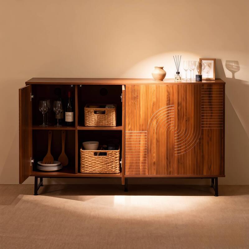 Rossetta Mid-Century Modern Design Multi-Purpose Grain-Carved Buffet Cabinet with Spacious Storage Space