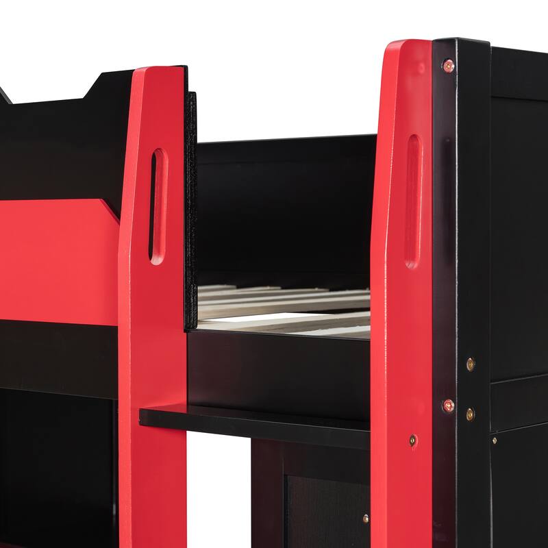 All-in-one Esports Gaming & Work Loft Bed with Adjustable Desk, LED, Charging Station, Pegboard, Storage Shelves and Wardrobe