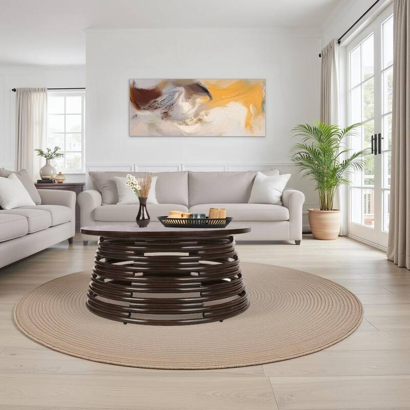 NPD Furniture Zeke Rattan Round Coffee or Side Table with Solid Wood Top