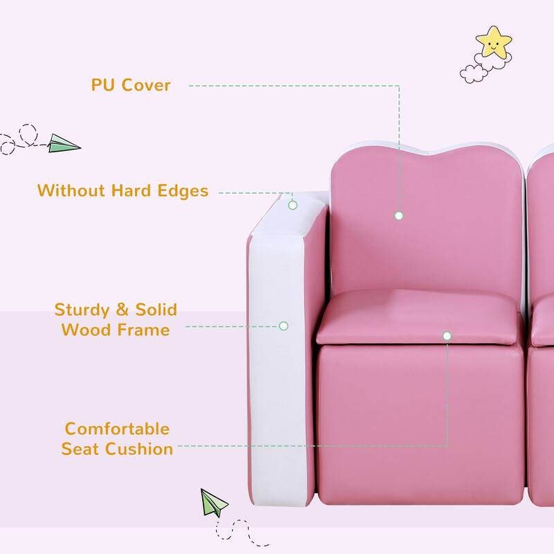 Qaba Kids Sofa 2-in-1 Multi-Functional Table Chair Set 2 Seat Couch Storage Box Soft Sturdy