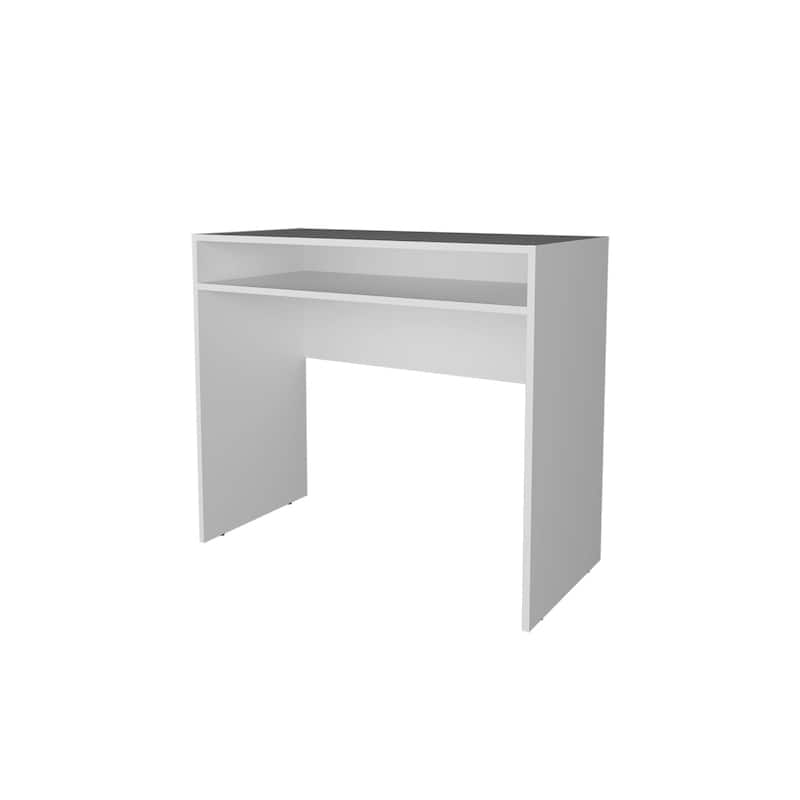 35" White Desk with Storage, Minimalist Workspace for Computers and Accessories, Durable Melamine Design
