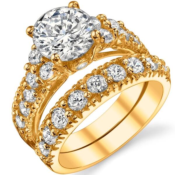 Shop Oliveti Gold Tone Over Solid Sterling Silver Engagement Ring Set Bridal Rings 2 Carat Round Cubic Zirconia Overstock 21133445