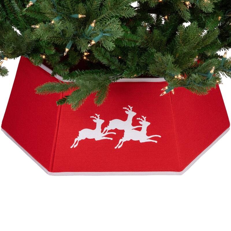 26" Red Burlap with Reindeer Hexagonal Christmas Tree Collar