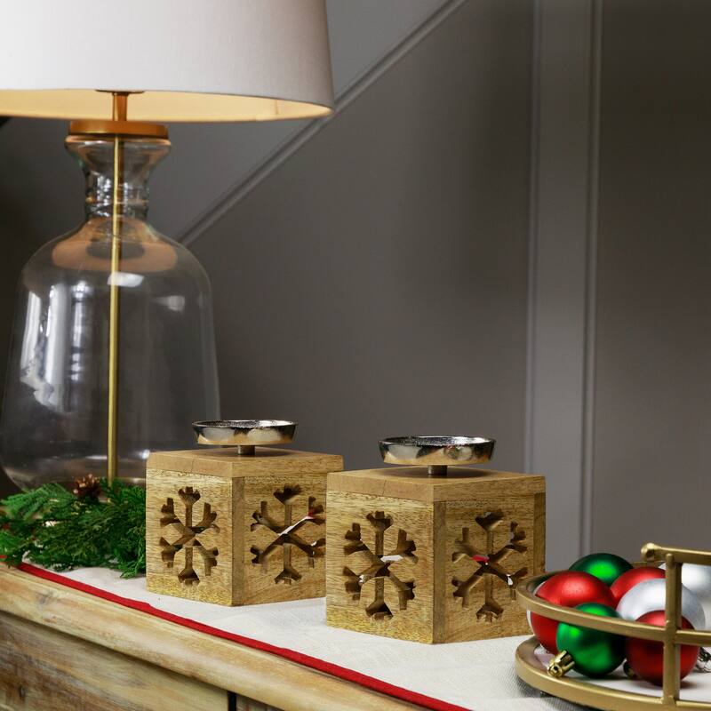 Snowflake Box Wooden Christmas Tealight Holders - 4.75" - Set of 2