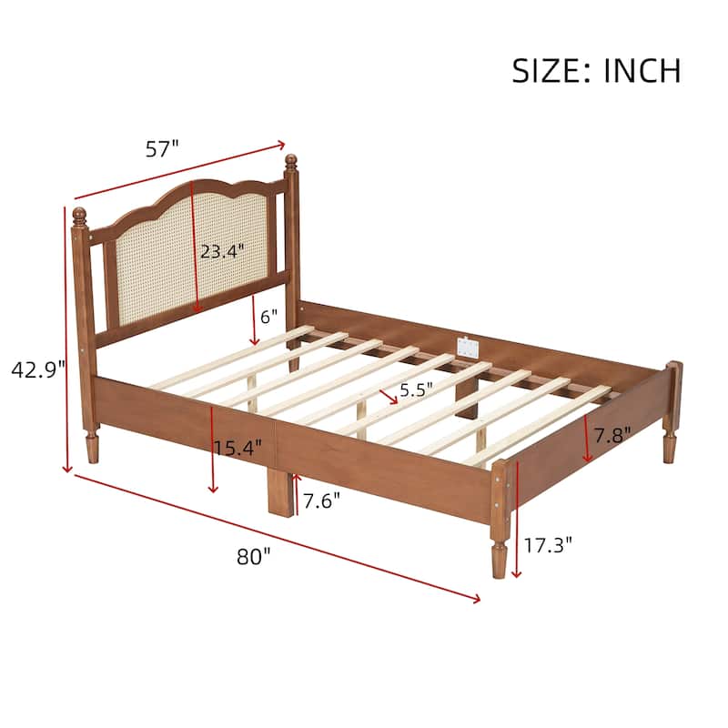 Wooden Frame Platform Bed Classic Bed Frame with Rattan Headboard, Bed Foot and Head Arc Design for Coastal Bohemian Bedroom