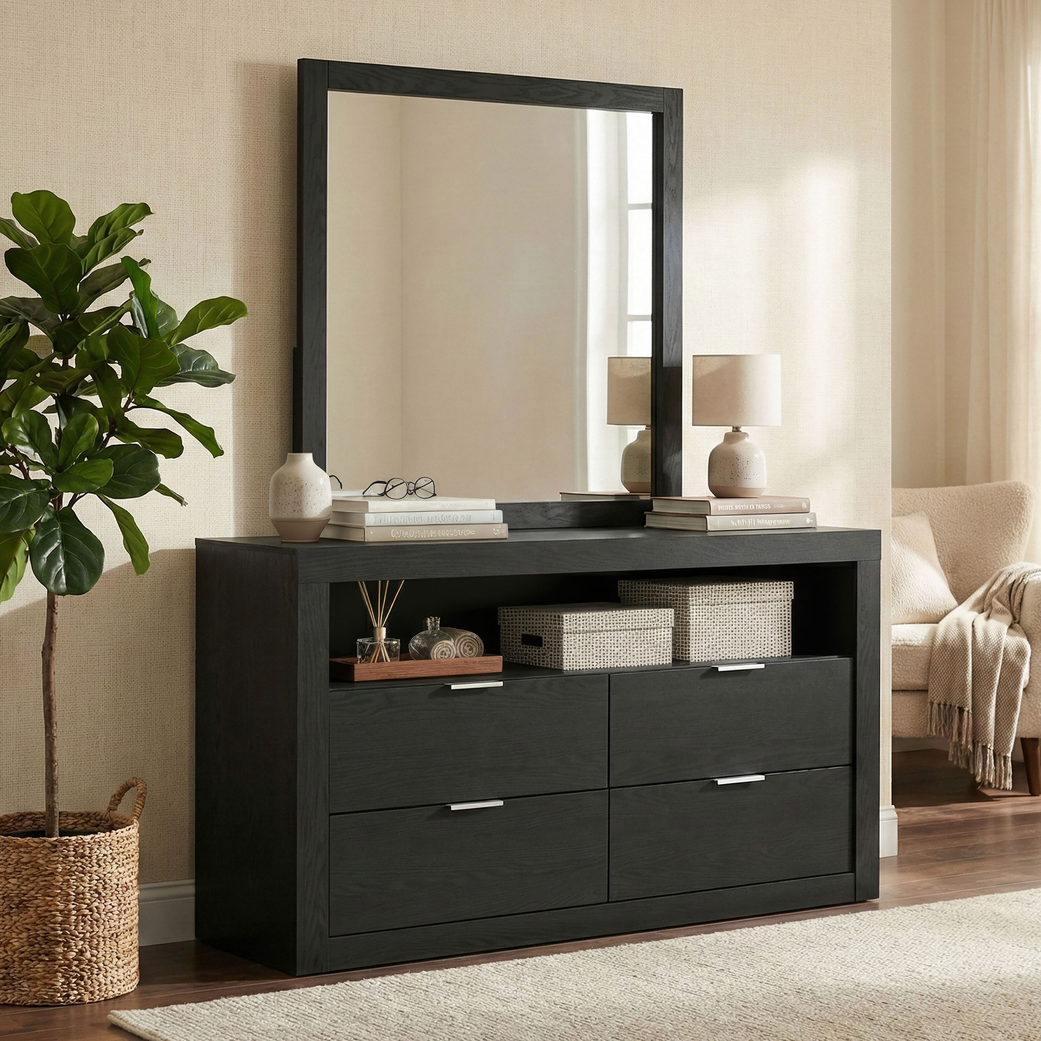 Furniture of America Merro Modern 2-Piece Solid Wood Dresser and Mirror Set with Top Open Shelf