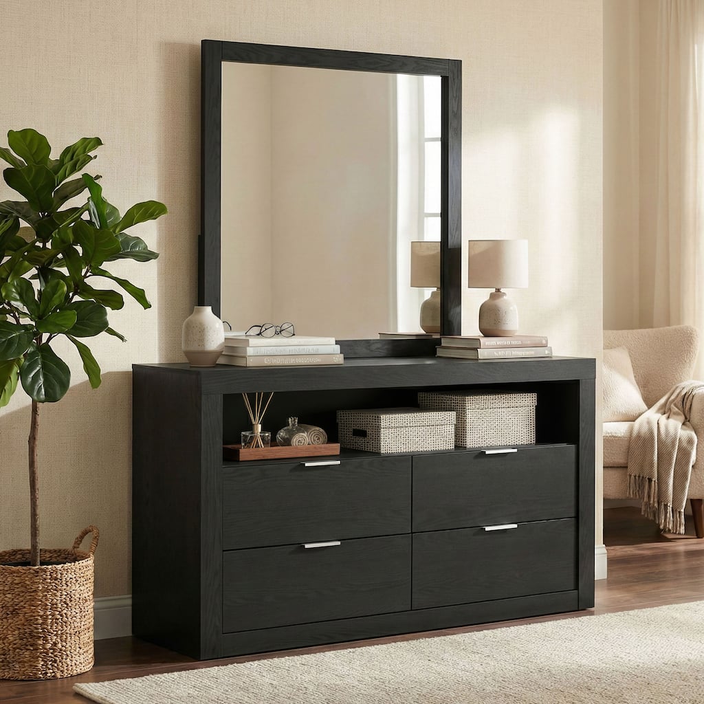 Furniture of America Merro Modern 2-Piece Solid Wood Dresser and Mirror Set with Top Open Shelf