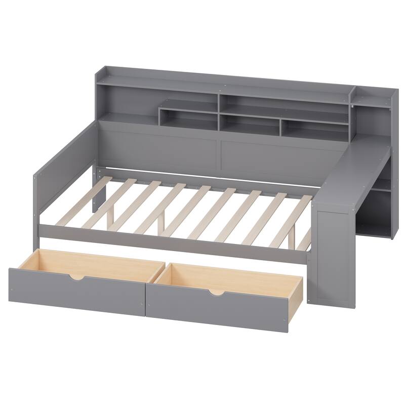 Full Size Wooden Daybed Platform Bed with Recessed Desk Storage Shelves and 2 Drawers Under Bed for Compact Spaces, Bedroom