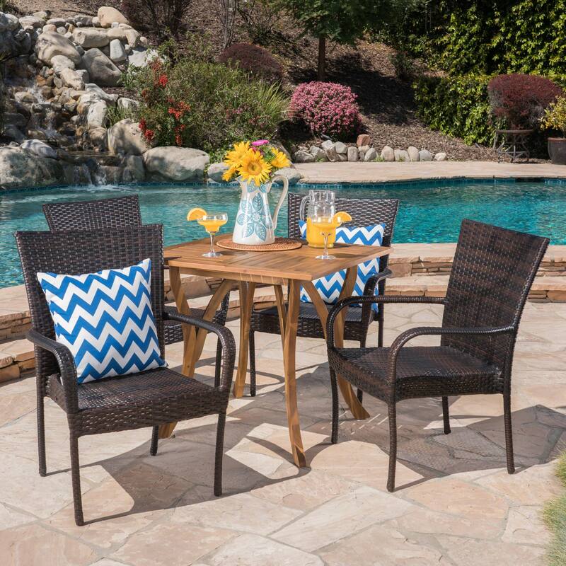 Christopher Knight Home Briar Outdoor 5-Piece Acacia Wood and Wicker Dining Set - teak + multibrown