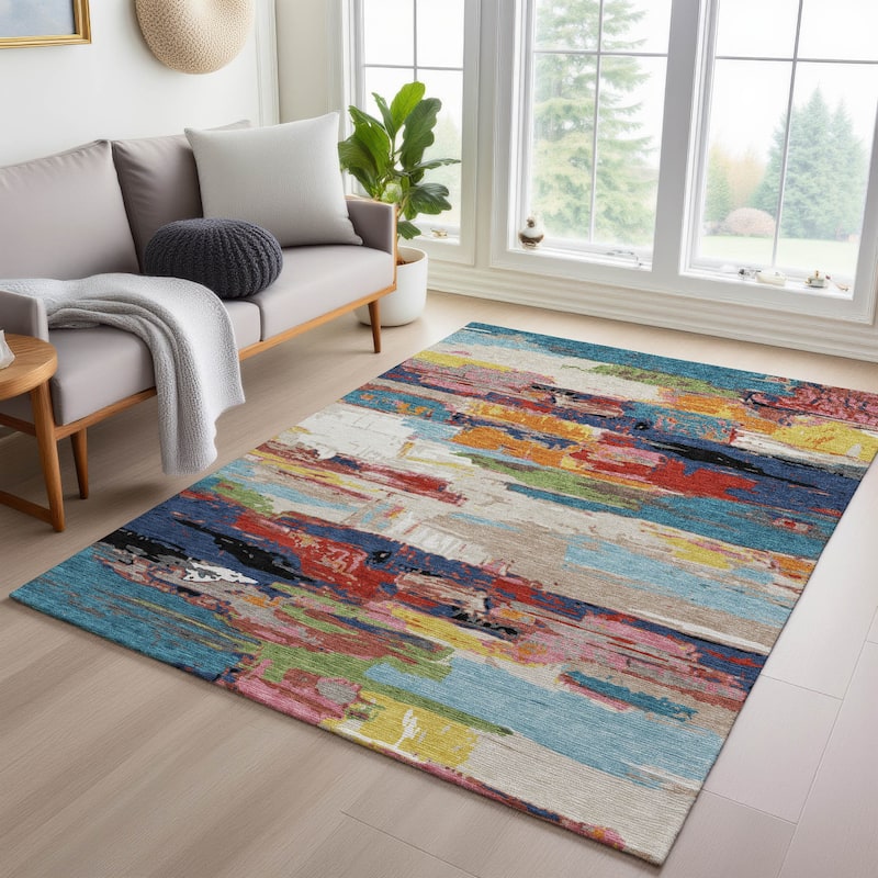 Machine Washable Indoor/ Outdoor Abstract Contemporary Chantille Rug