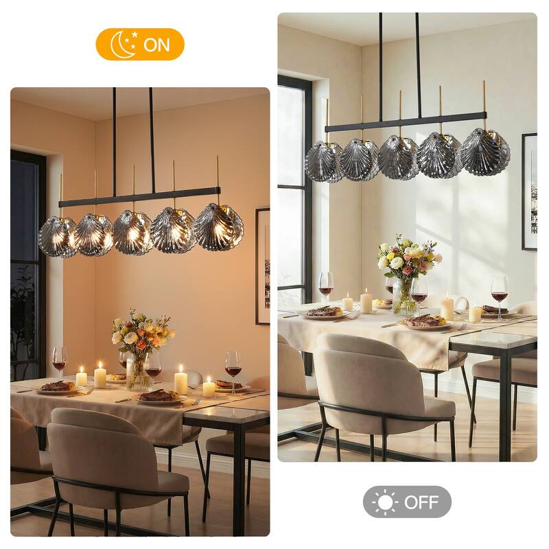 Modern 5-Light Linear Chandelier with Smoky Gray Glass Shades for Dining Room or Kitchen Island