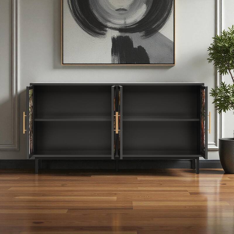 60" Retro Glazed Glass Buffet Cabinet with 4 Doors, Artistic Storage Sideboard for Living Room or Dining Room