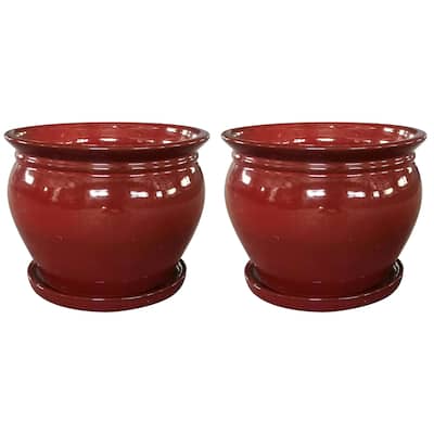 Southern Patio Wisteria 8" Round Ceramic Planter Pot with Saucer, Red (2 Pack) - 4.41
