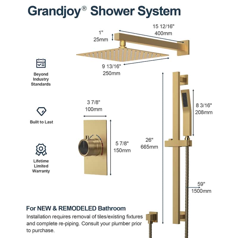 GRANDJOY 10" Rainfall Shower Head Wall Mounted Shower System and Handheld Spray with Slide Bar