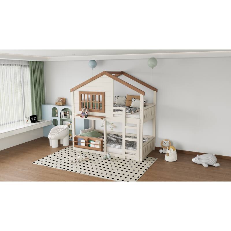 Twin Size Bunk Bed/Loft Bed with Bookshelf, House Design, High-Quality Safety Fencing