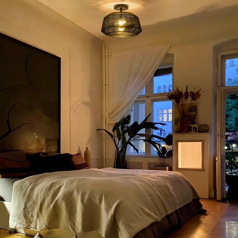 Starsky 2-Light Modern Bohemian Ceiling Light Drum Semi Flush Mount with Natural Handmade Rope Paper Shade