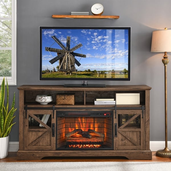 60 Inch Electric Fireplace Entertainment Center With Door Sensor - Reclaimed Barnwood
