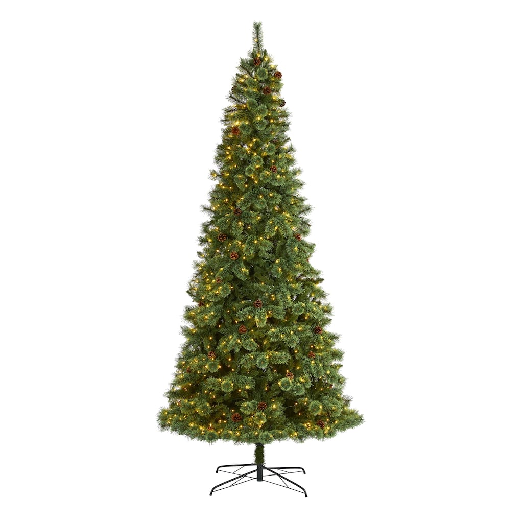 10ft. Pine Artificial Christmas Tree with 850 Clear LED Lights & Pine Cones - Towering Grand Holiday X-Mas Centerpiece