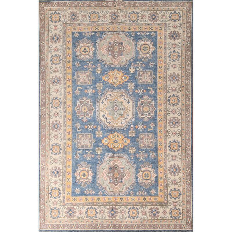 Geometric Blue Kazak Living Room Area Rug Hand-Knotted Wool Carpet - 6'8" x 9'9"