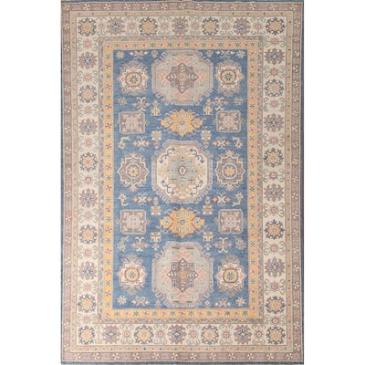 Geometric Blue Kazak Living Room Area Rug Hand-Knotted Wool Carpet - 6'8" x 9'9"