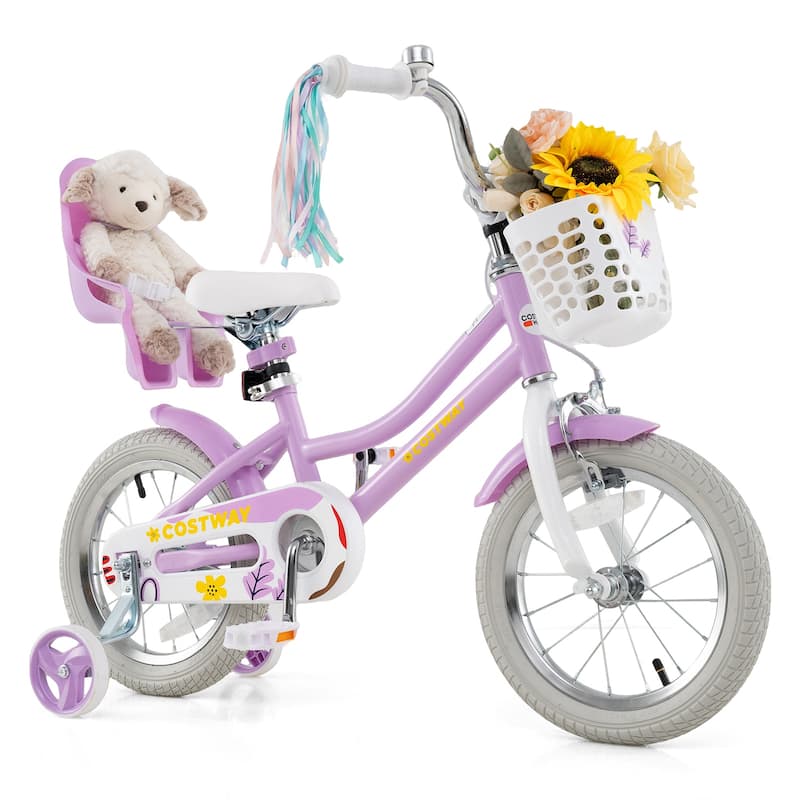Kids Bicycle Purple Bike with Decorative Basket and Bell Training Wheels Included for Girls