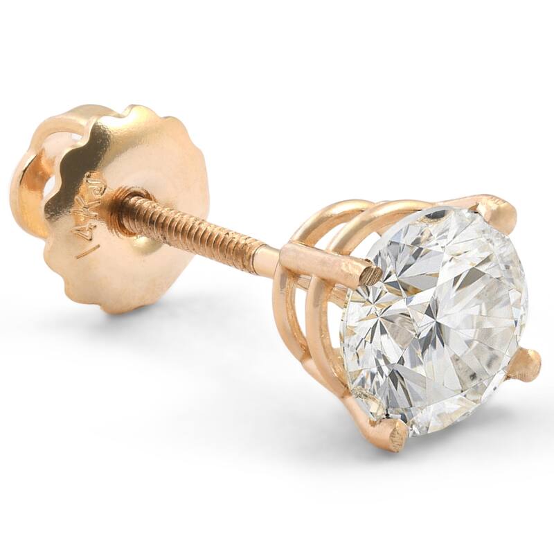 1 ct Single Natural Round Brilliant Cut Diamond Stud Screw Back Yellow Gold