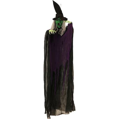 6-Ft. Mary the Hanging Witch, Indoor or Covered Outdoor Halloween Decoration, Red LED Eyes, Battery-Operated