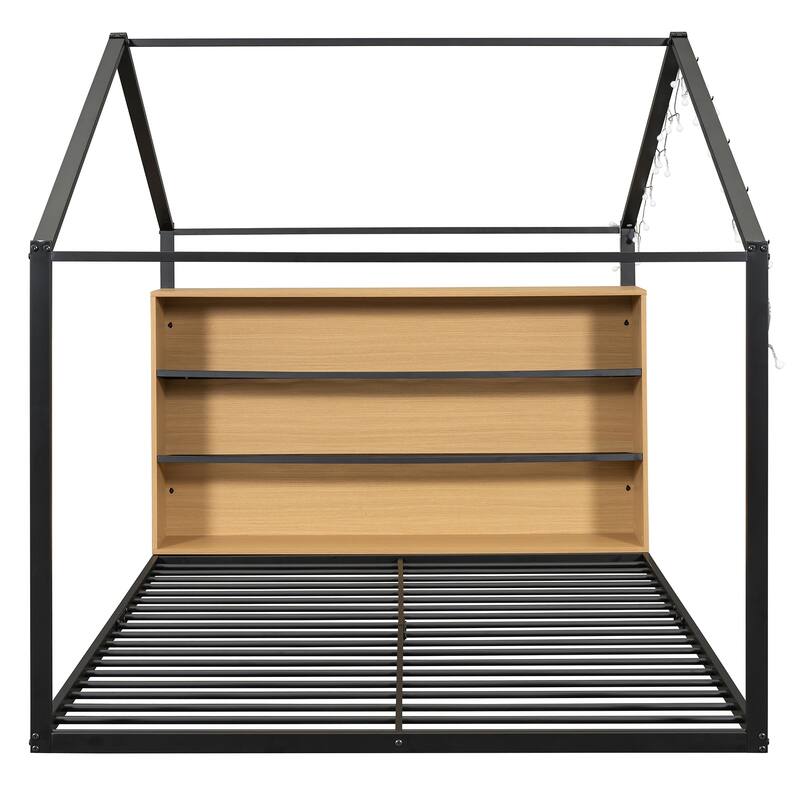 Full Size Metal Bed House Bed Frame with Shelves and Lights, Black