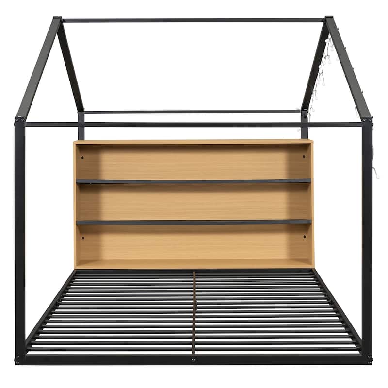 Full Size Metal Bed House Bed Frame with Shelves and Lights